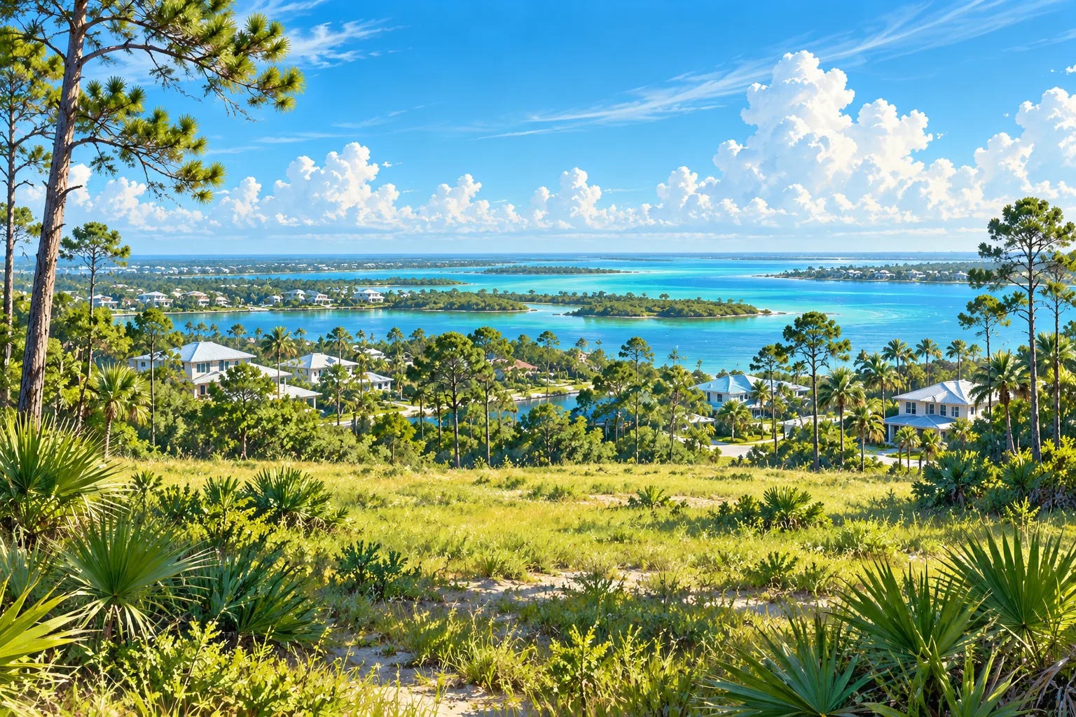 Illustration of Florida vacant land, pine trees, neighborhoods and a coastal lagoon.