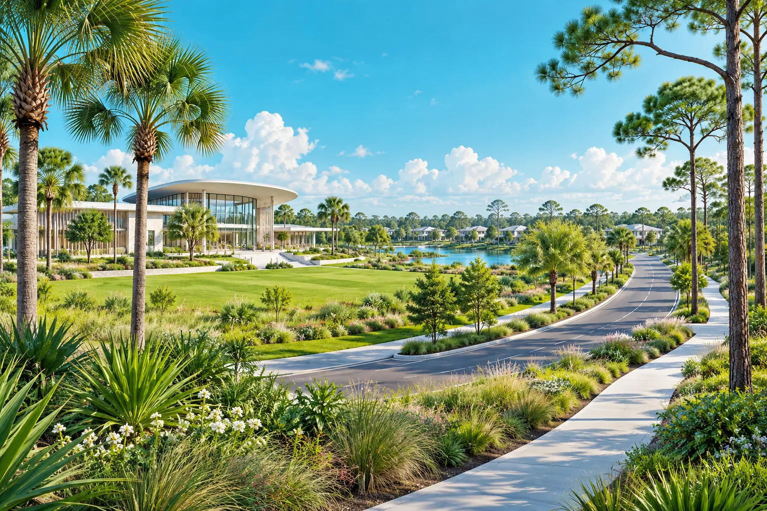 Illustration of a Florida community with green space, a tree-lined road and low-rise buildings.